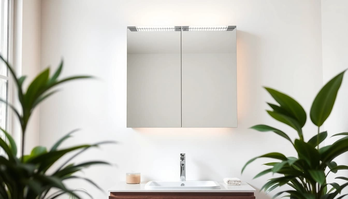 View a modern led bathroom mirror Cabinet illuminating a stylish bathroom setting.