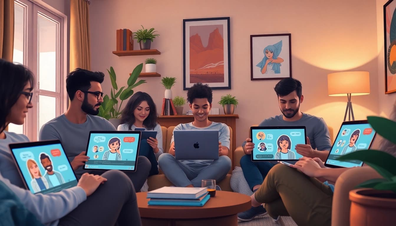 Engaging users interact with the best nsfw ai chatbots on modern devices in a cozy living room setting.