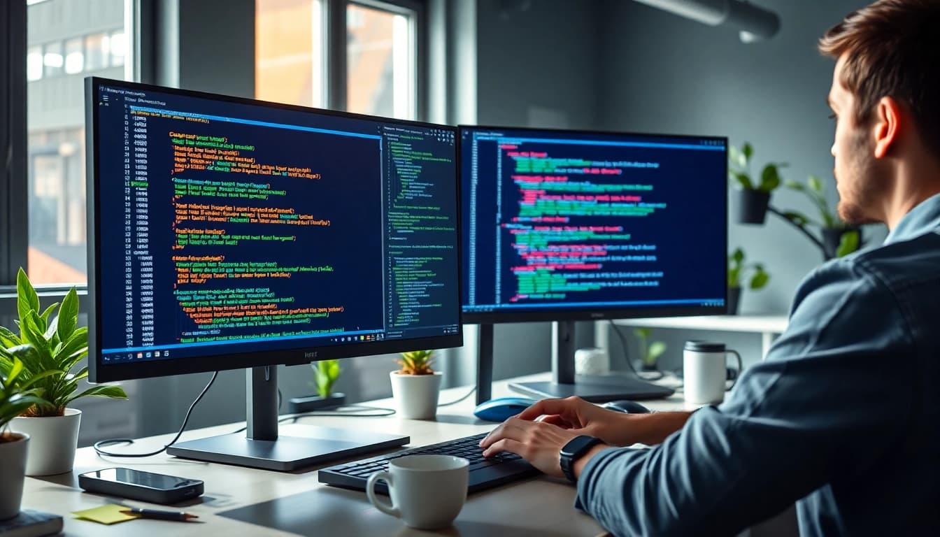 Enhance your skills in T Automation & Scripting while a developer codes in a modern workspace.