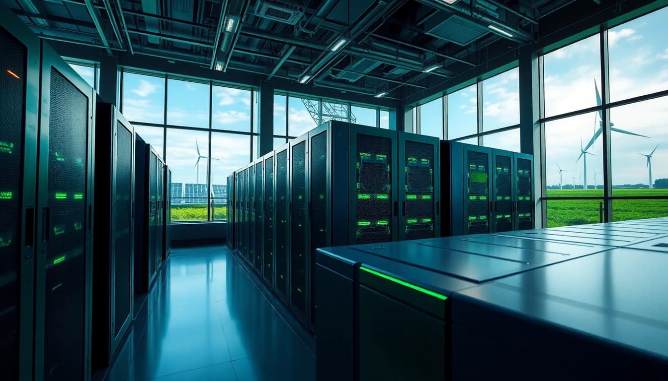 High-tech cloud mining facility showcasing trusted cloud mining sites with renewable energy solutions generating cryptocurrency.
