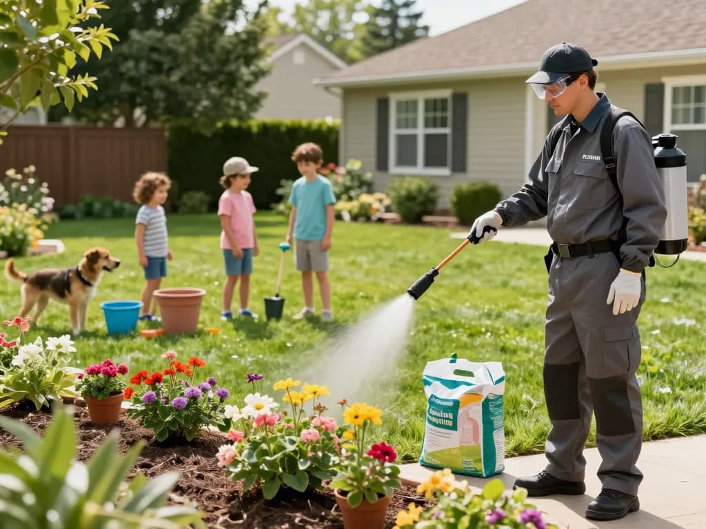 Pest control technician applying eco-friendly treatment in a sunny backyard while children play, ensuring a safe home environment.