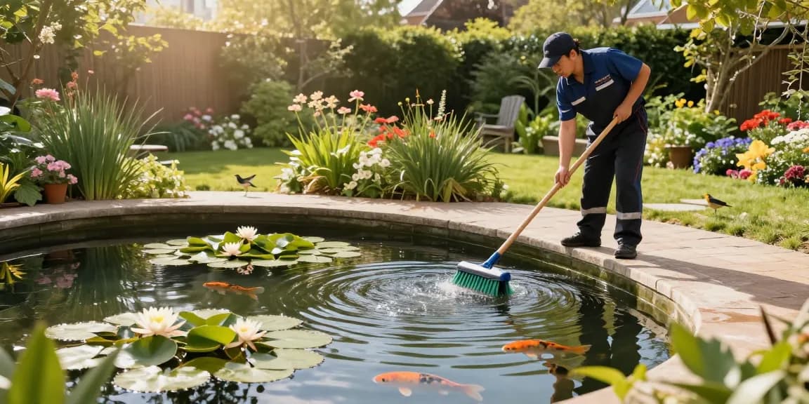 Pond Cleaning London: Professional cleaning service revitalizing a backyard pond with vibrant flora and koi fish.