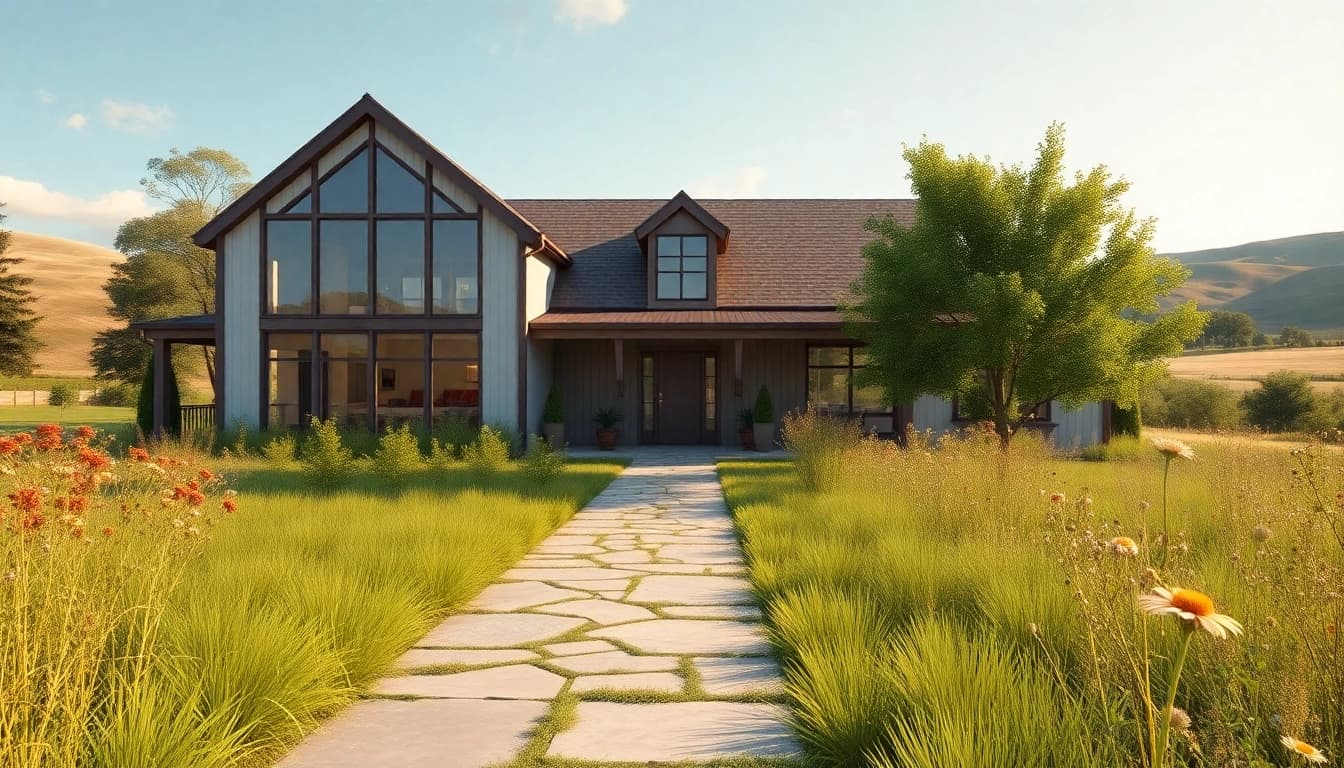 A beautiful Winding River Farmhouse New Build surrounded by lush nature with a stone pathway leading to an inviting entrance.