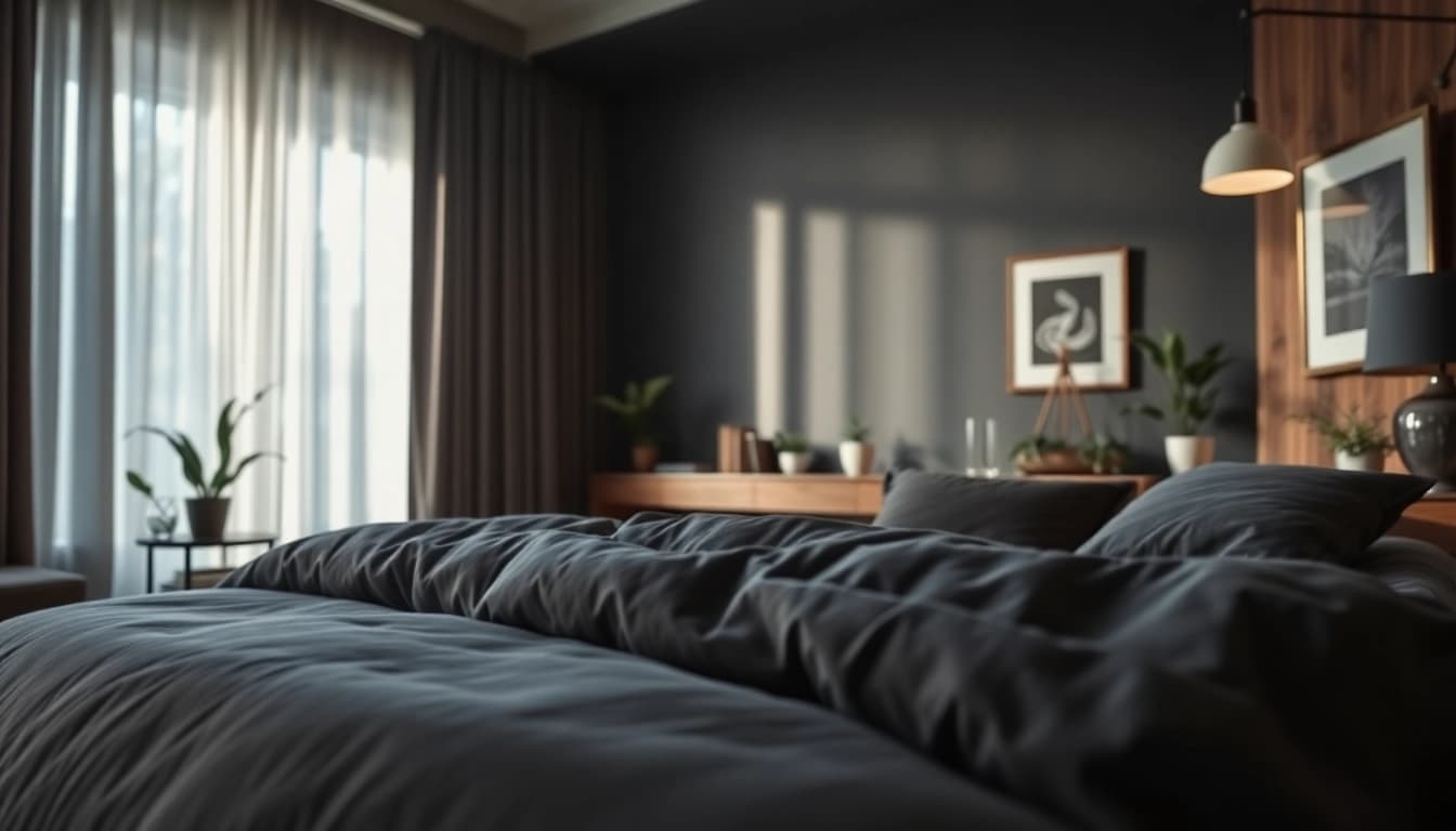 Verduisterende gordijnen in een stijlvolle slaapkamer met warme kleuren en stijlvolle details.