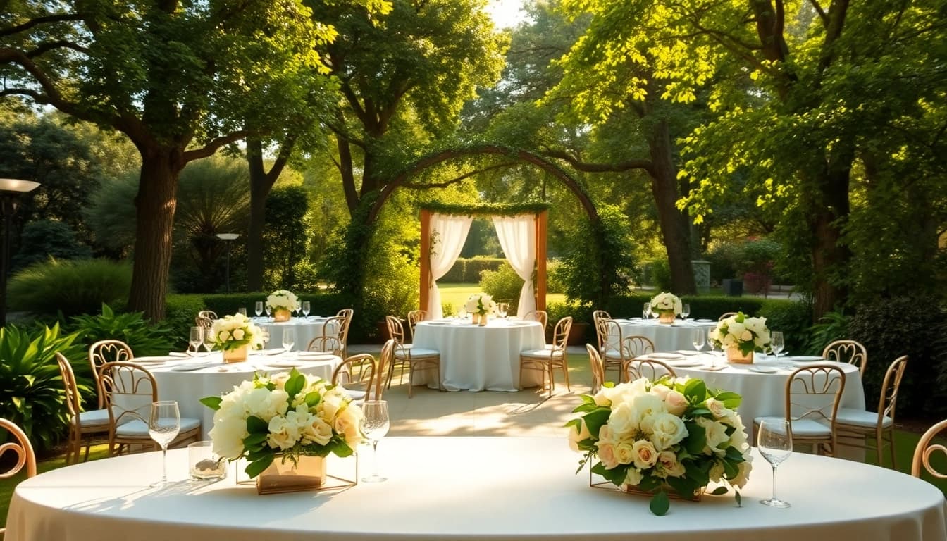 Stunning Weddings Venue setup in a scenic garden with floral arrangements and elegant tables.