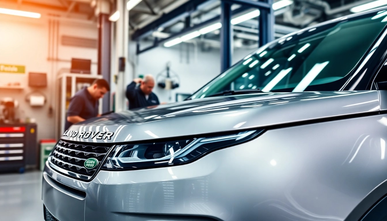 Land Rover Service technicians expertly repairing a Land Rover vehicle in a modern workshop.