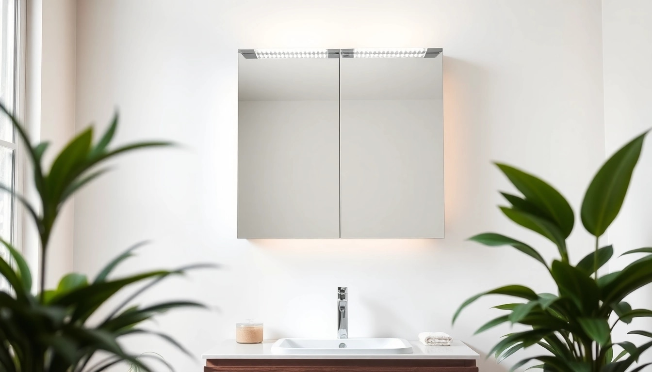 View a modern led bathroom mirror Cabinet illuminating a stylish bathroom setting.