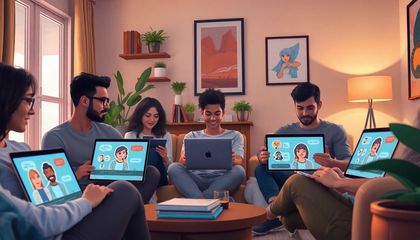 Engaging users interact with the best nsfw ai chatbots on modern devices in a cozy living room setting.