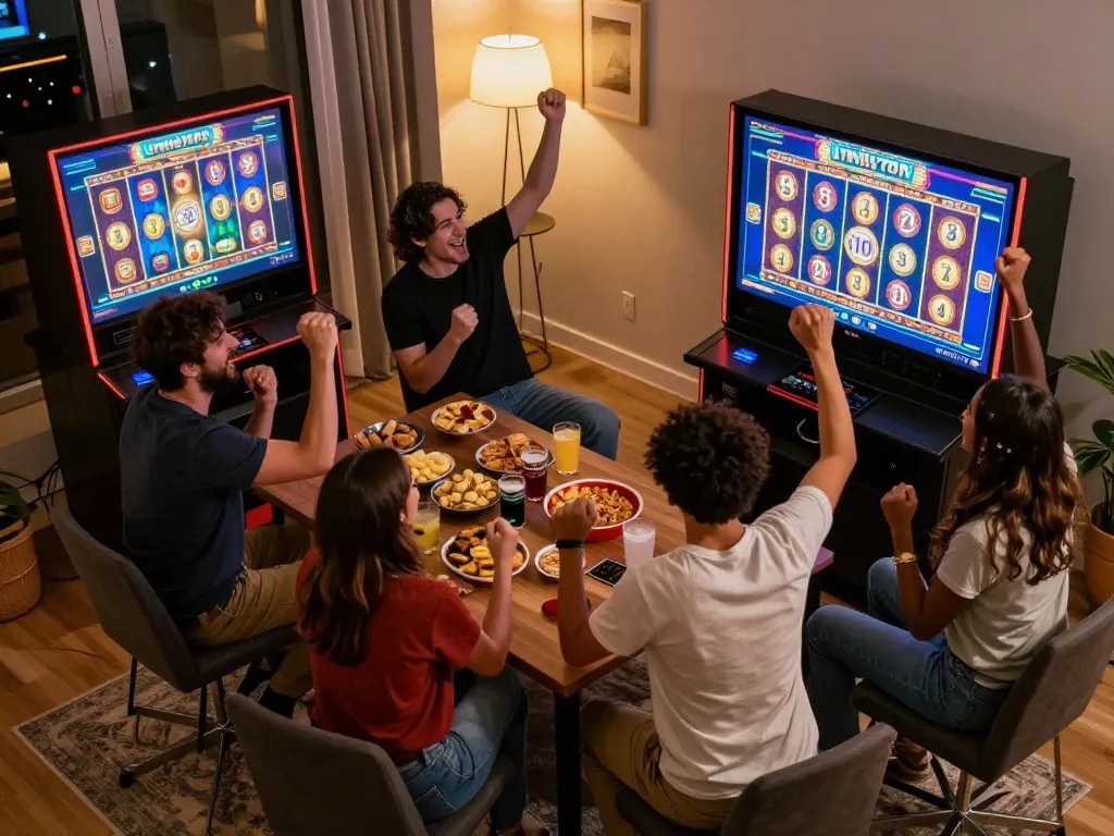 Friends enjoying a thrilling slot depo 10 gaming night, celebrating wins in a cozy living room