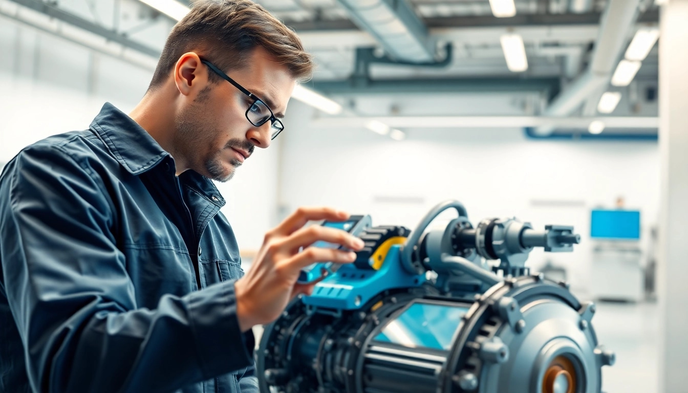 Technische Animation visualizes an engineer interacting with 3D mechanical designs in a professional workspace.