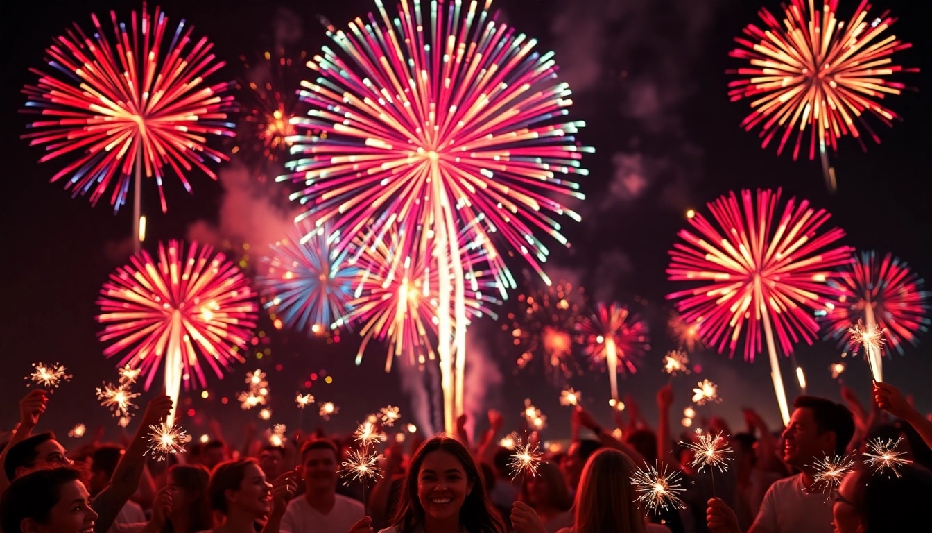 People enjoying cheap fireworks near me during a vibrant night display with colorful explosions.