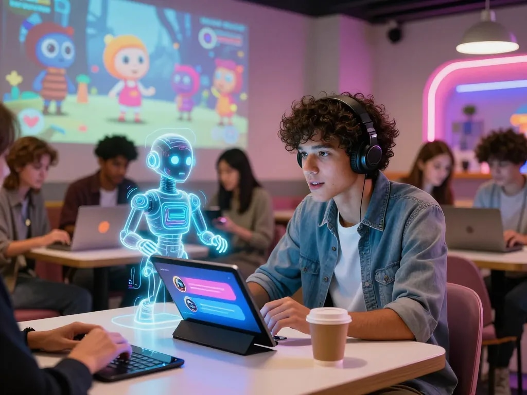 Engaging in ai chat porn with interactive AI characters in a digital cafe