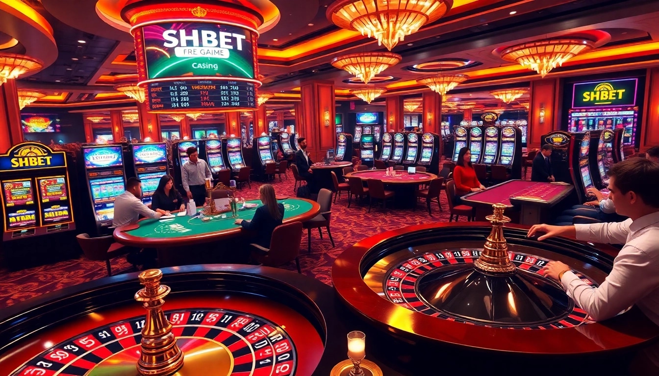 Engaged players enjoying a vibrant SHBET casino experience filled with roulette and poker excitement.