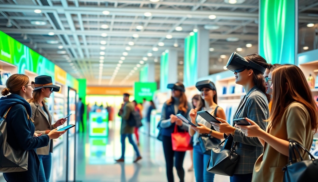 Explore the latest shopping methods in a vibrant e-commerce setting with interactive displays and diverse shoppers.