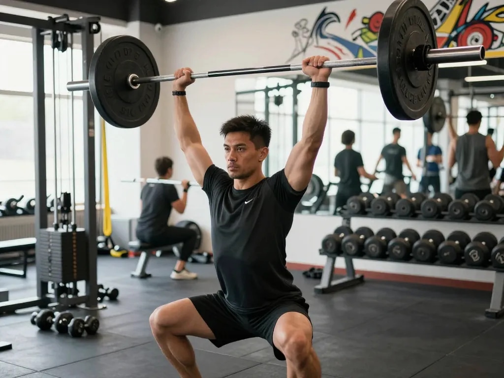 Man in shoulder brace for weightlifting performing overhead press in a modern gym.