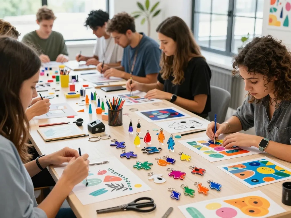 Custom acrylic keychain designs showcased in an artistic workspace promoting creativity and collaboration.