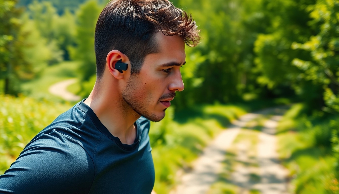 Experience the comfort of F1 Bone Conduction Headphones while jogging on a scenic trail.