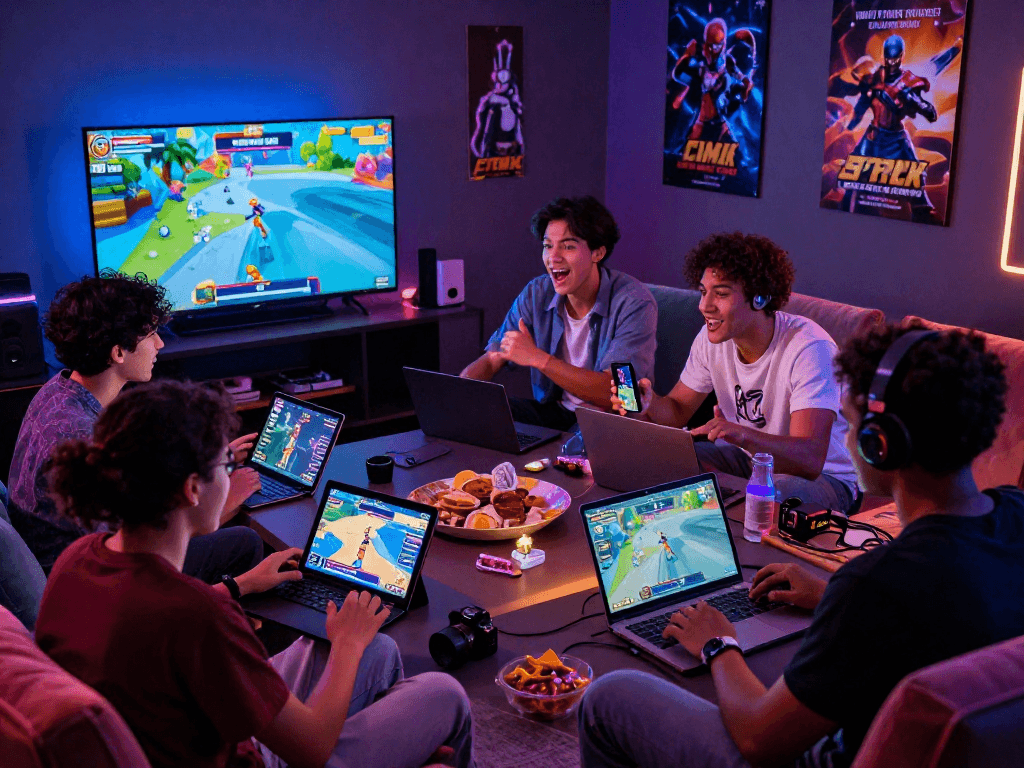 Friends enjoying html porn games together in a vibrant gaming room with multiple devices.