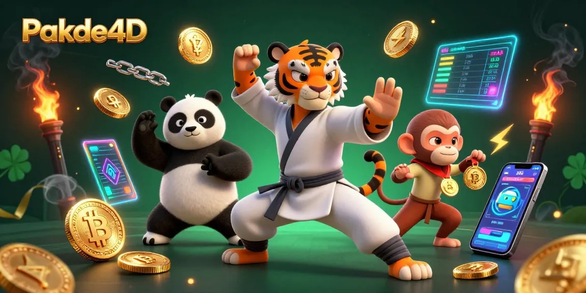 Pakde4D features vibrant cartoon characters engaging in a dynamic gambling scene filled with cryptocurrency elements and gaming symbols.