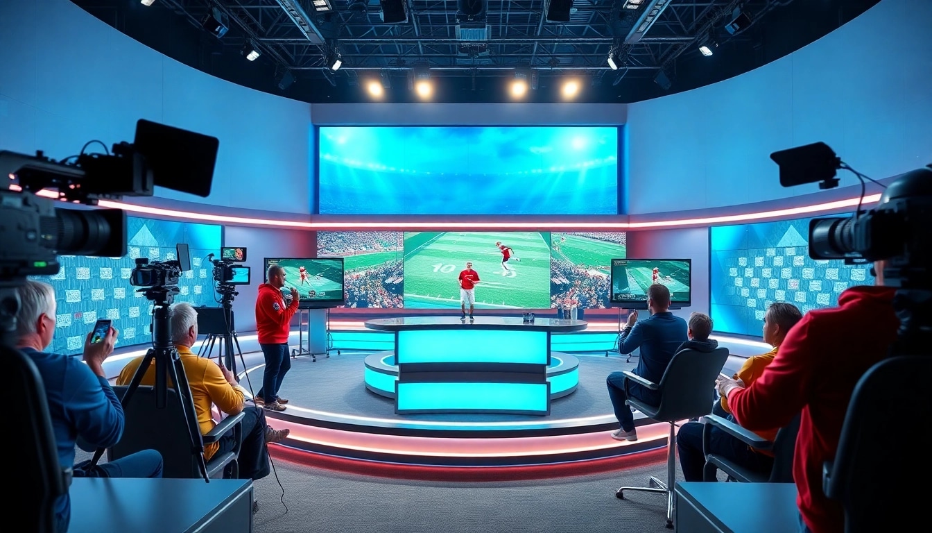 Dynamic sports broadcasting studio with live action and presenters engaging viewers.