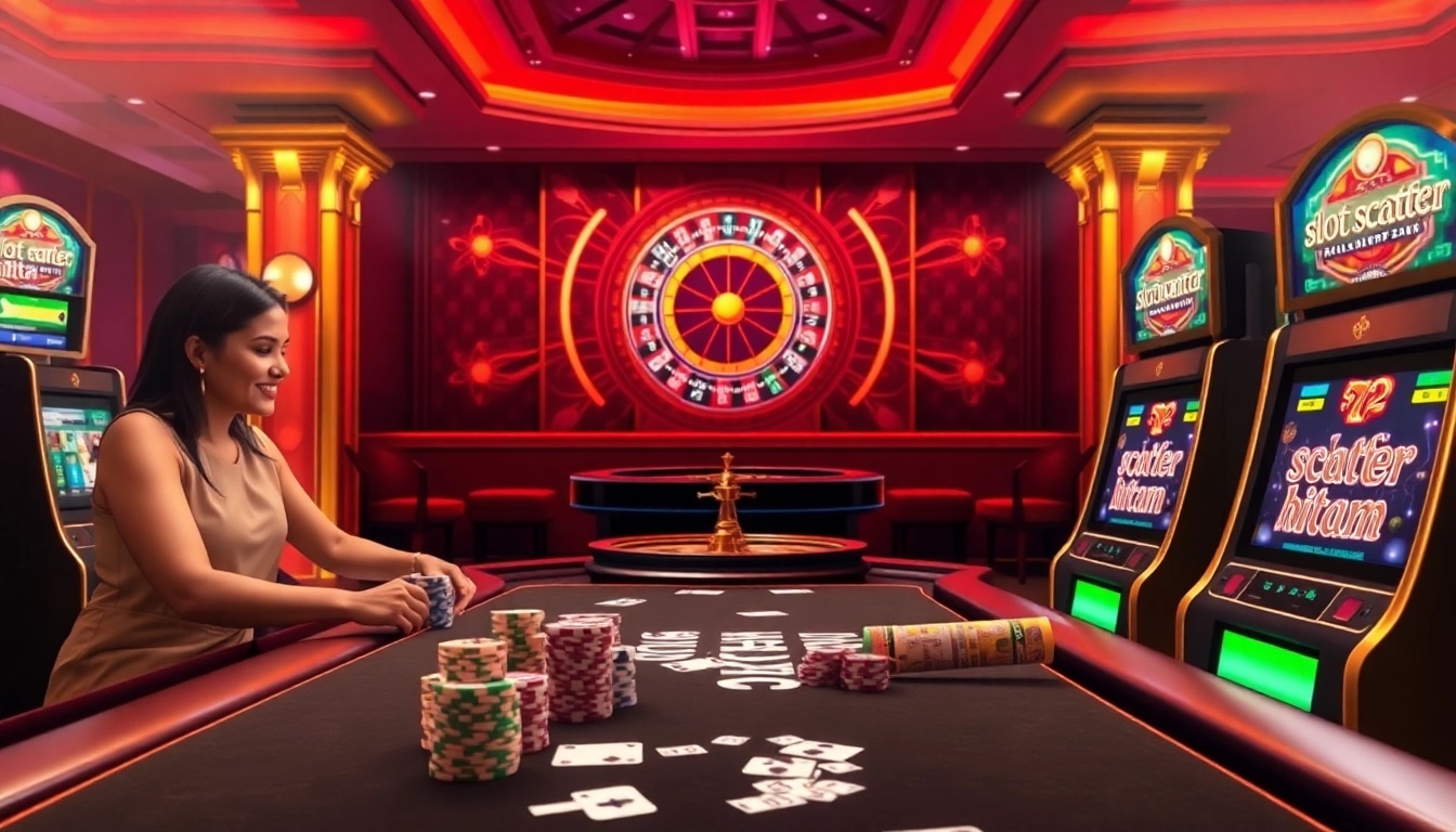 Engaging players excitedly face slot scatter hitam machines at a luxurious casino table, showcasing vivid colors.