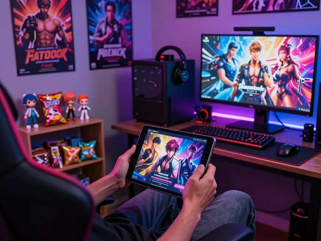 Player enjoying porno games on a tablet surrounded by colorful gaming paraphernalia, creating an engaging atmosphere.