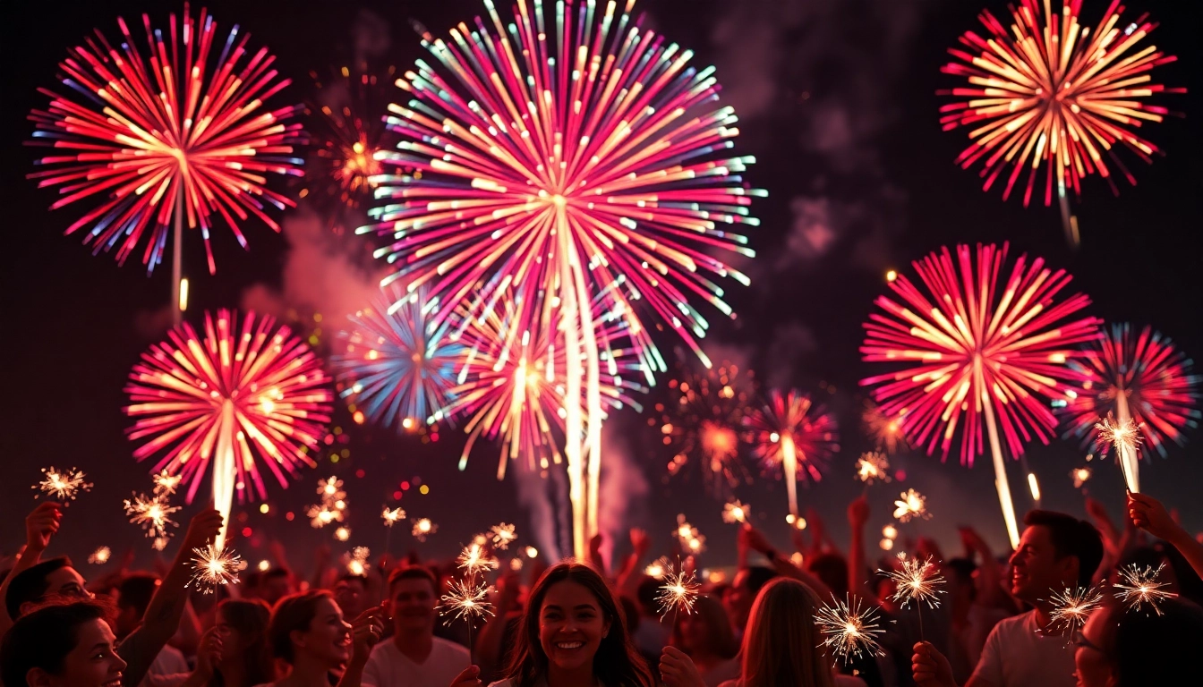 People enjoying cheap fireworks near me during a vibrant night display with colorful explosions.