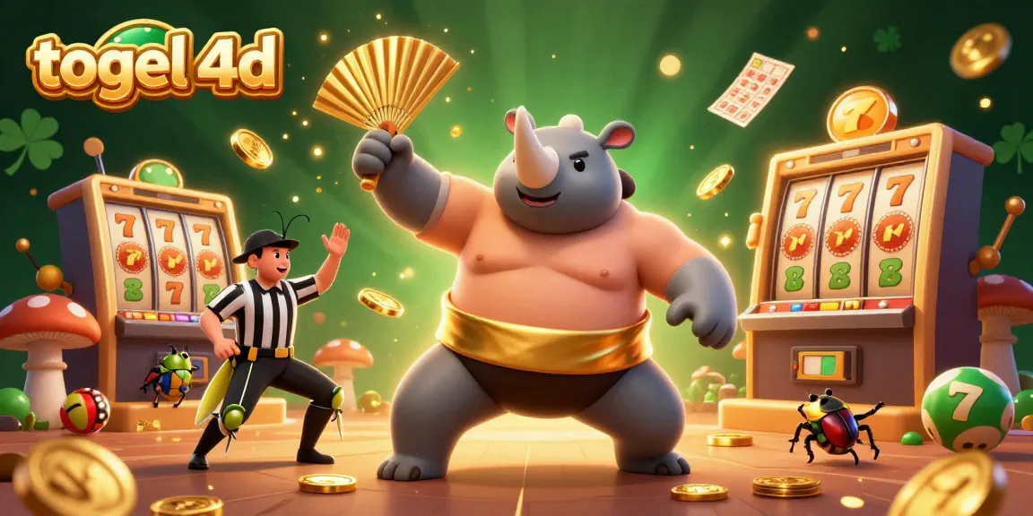 Togel 4D game action illustrated with a sumo beetle champion, guest cricket referee, and vibrant lottery elements flying.
