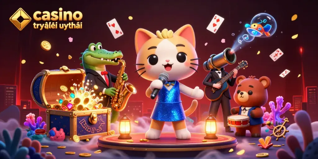 Hình ảnh minh họa casino trực tuyến uy tín với các nhân vật hoạt hình đầy màu sắc.