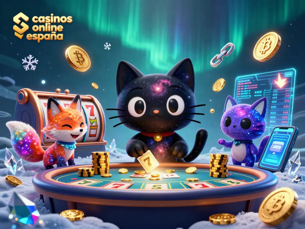 Juega y gana en los mejores casinos online España con un gato y un zorro en un brillante casino cósmico.