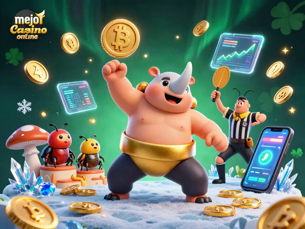 Mejor casino online: el campeón de sumo escarabajo celebra con monedas de oro en una vibrante escena de casino