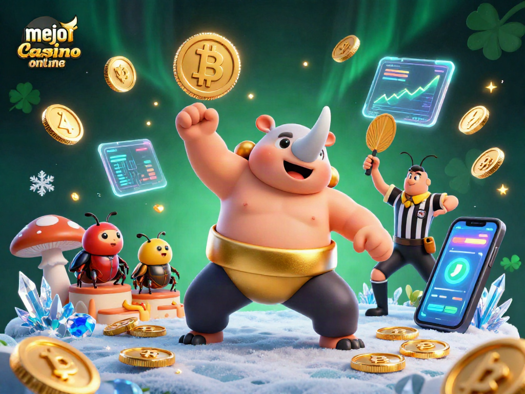 Mejor casino online: el campeón de sumo escarabajo celebra con monedas de oro en una vibrante escena de casino