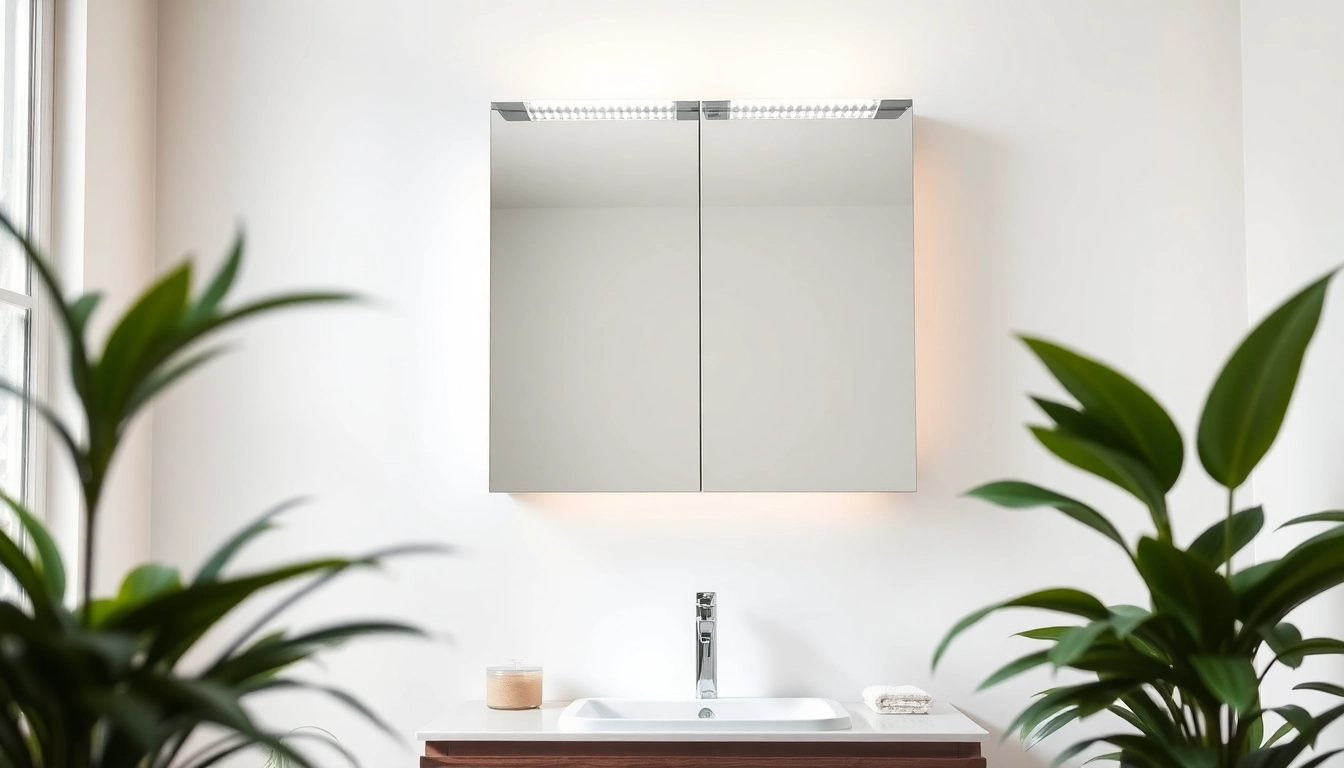 View a modern led bathroom mirror Cabinet illuminating a stylish bathroom setting.