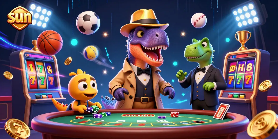 Sun gaming scene featuring a velociraptor dealer and a slot machine in action.