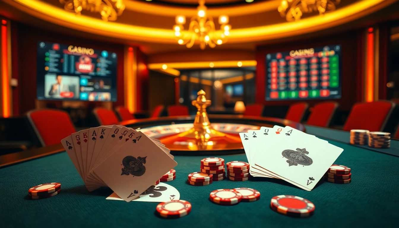 Une scène vibrante d'un jeu de poker passionnant avec des éléments de casino fiable en ligne, des jetons de poker et une roue de roulette.