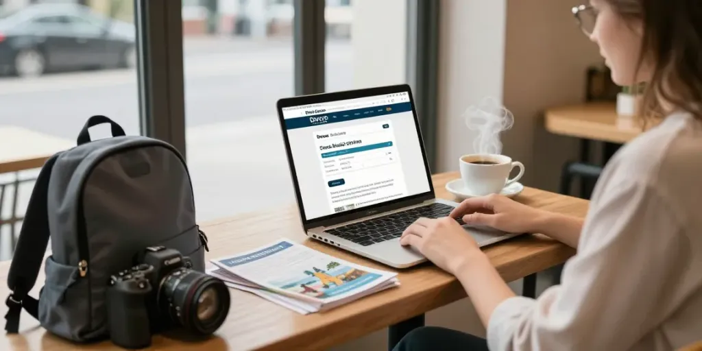 Rezervă bilete autocar Moldova Europa online, persoană la cafea cu laptop deschis.