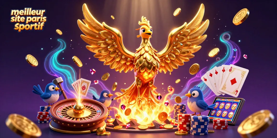 Visualisez le meilleur site de paris sportif avec un phoenix doré et des éléments de jeu captivants.
