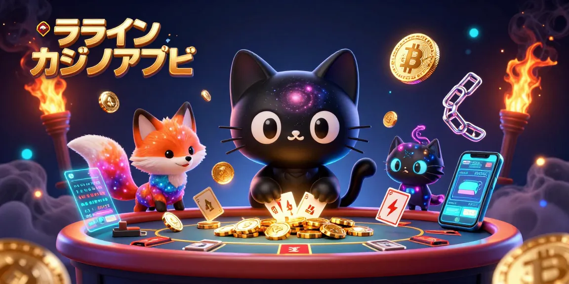オンラインカジノアプリで黄金のチップとカードを引き寄せる3D猫のイラスト