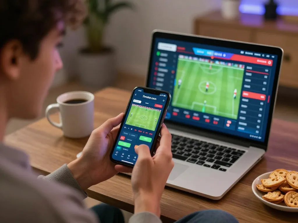 Engaged bettor using 7meter bola app for soccer predictions in a cozy home setting.