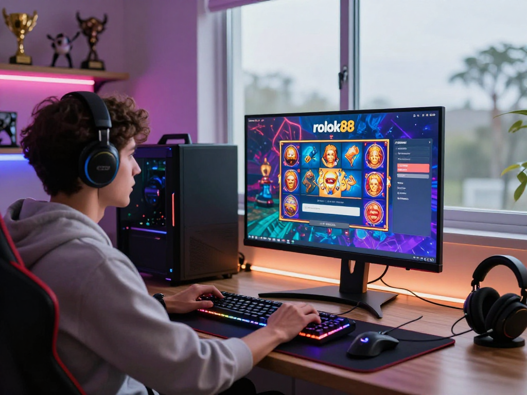 Experience the thrill of rokok88 slot login with an immersive gaming setup featuring vibrant graphics and dynamic visuals.