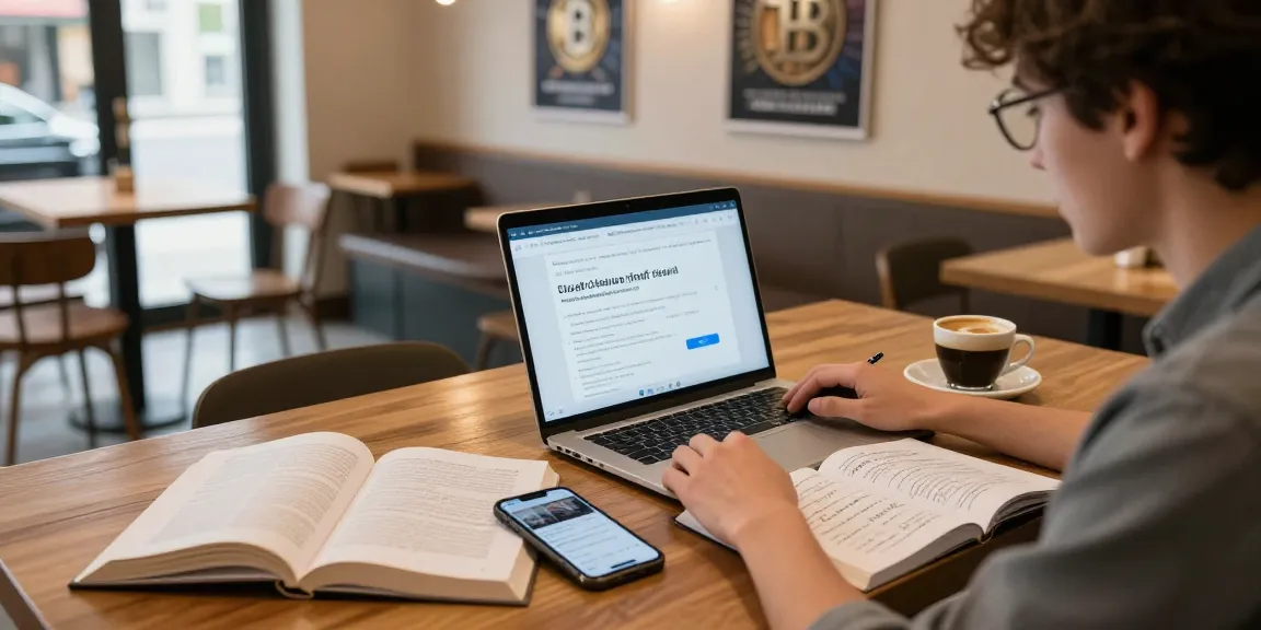 Cloud mining passive income setup in a coffee shop with cryptocurrency resources, exploring DeFi opportunities.