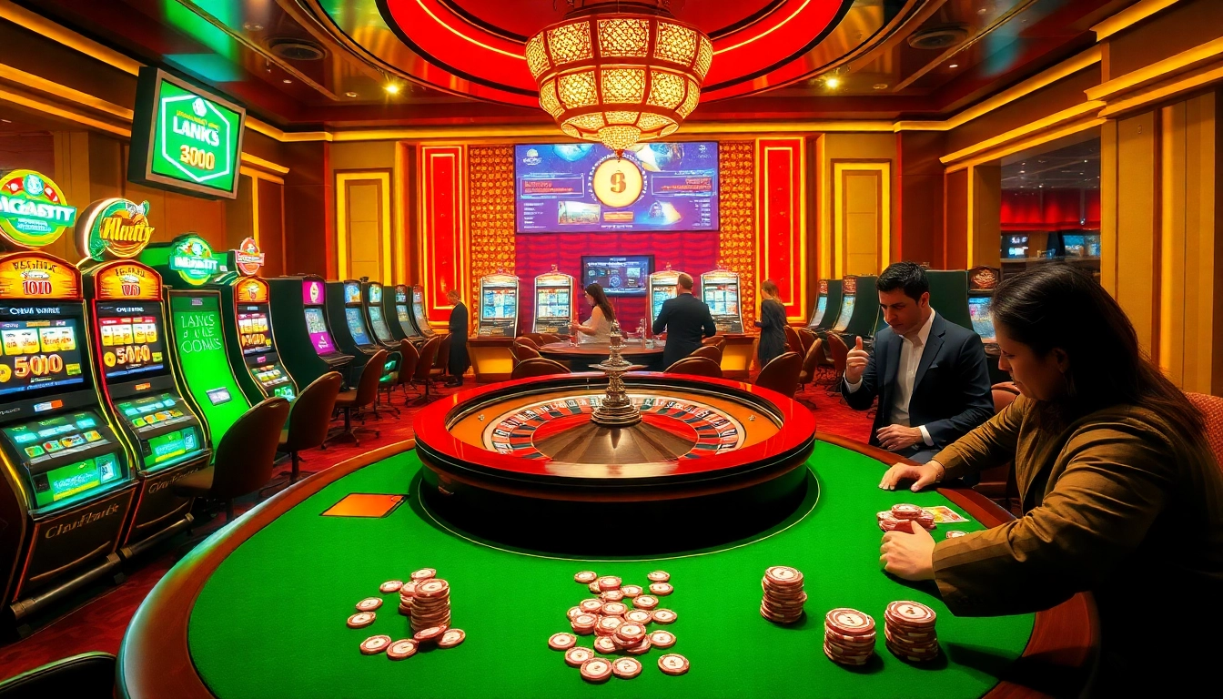 Gamblers enjoying high-stakes action in a casino with hidden wiki links displayed in the backdrop.