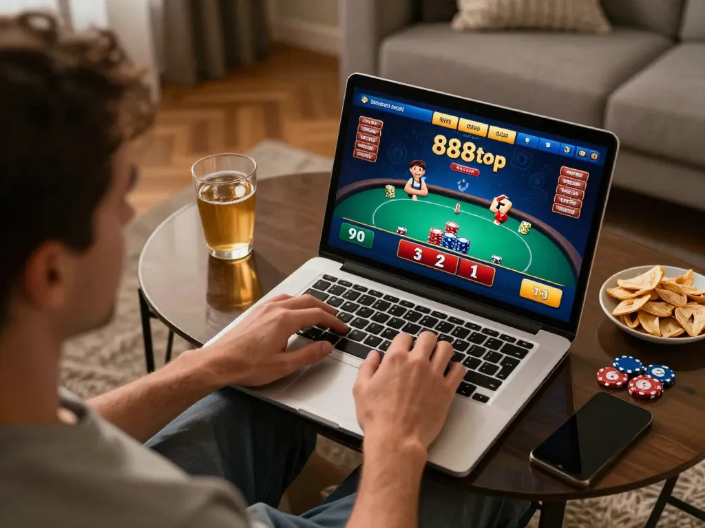 Player enjoying online poker action at home with 888top platform interface in view.