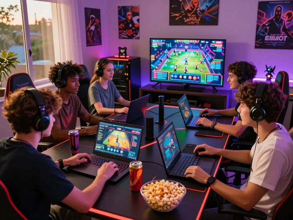 Engaging scene of friends enjoying slot gacor hari ini games in a vibrant gaming setup with snacks and LED lights.