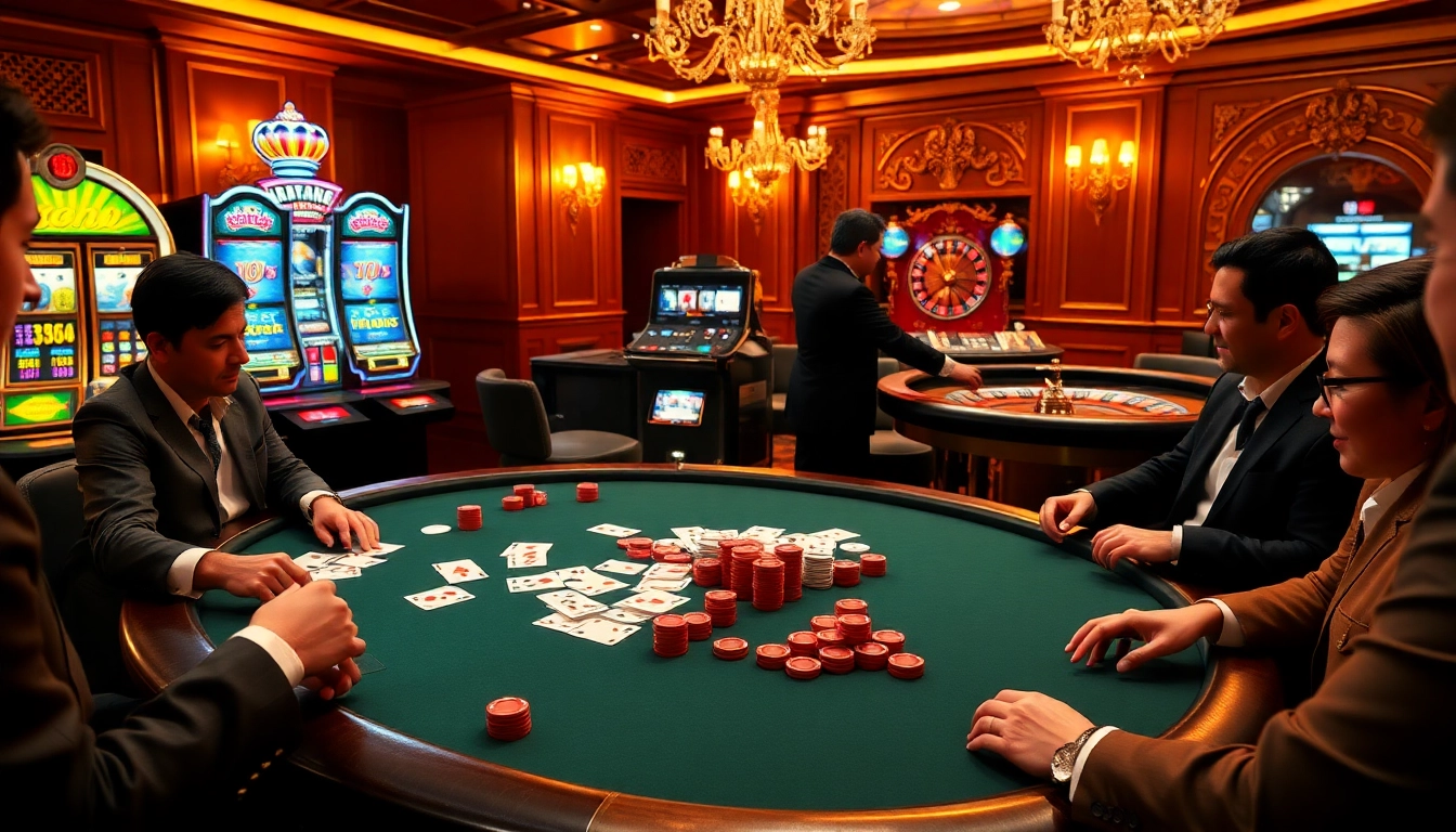 Action de jeu palpitante dans un casino en ligne France avec des tables de poker et des machines à sous vibrantes.