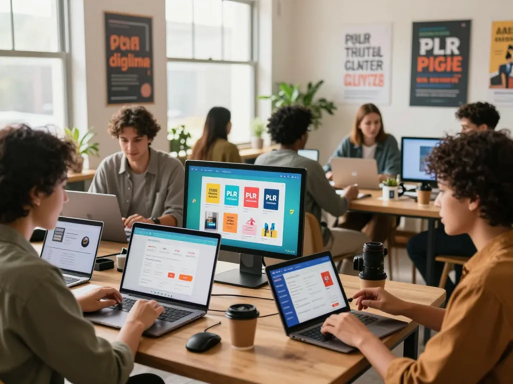 Buy PLR Digital Products in a vibrant e-commerce marketplace with entrepreneurs exploring various digital options.