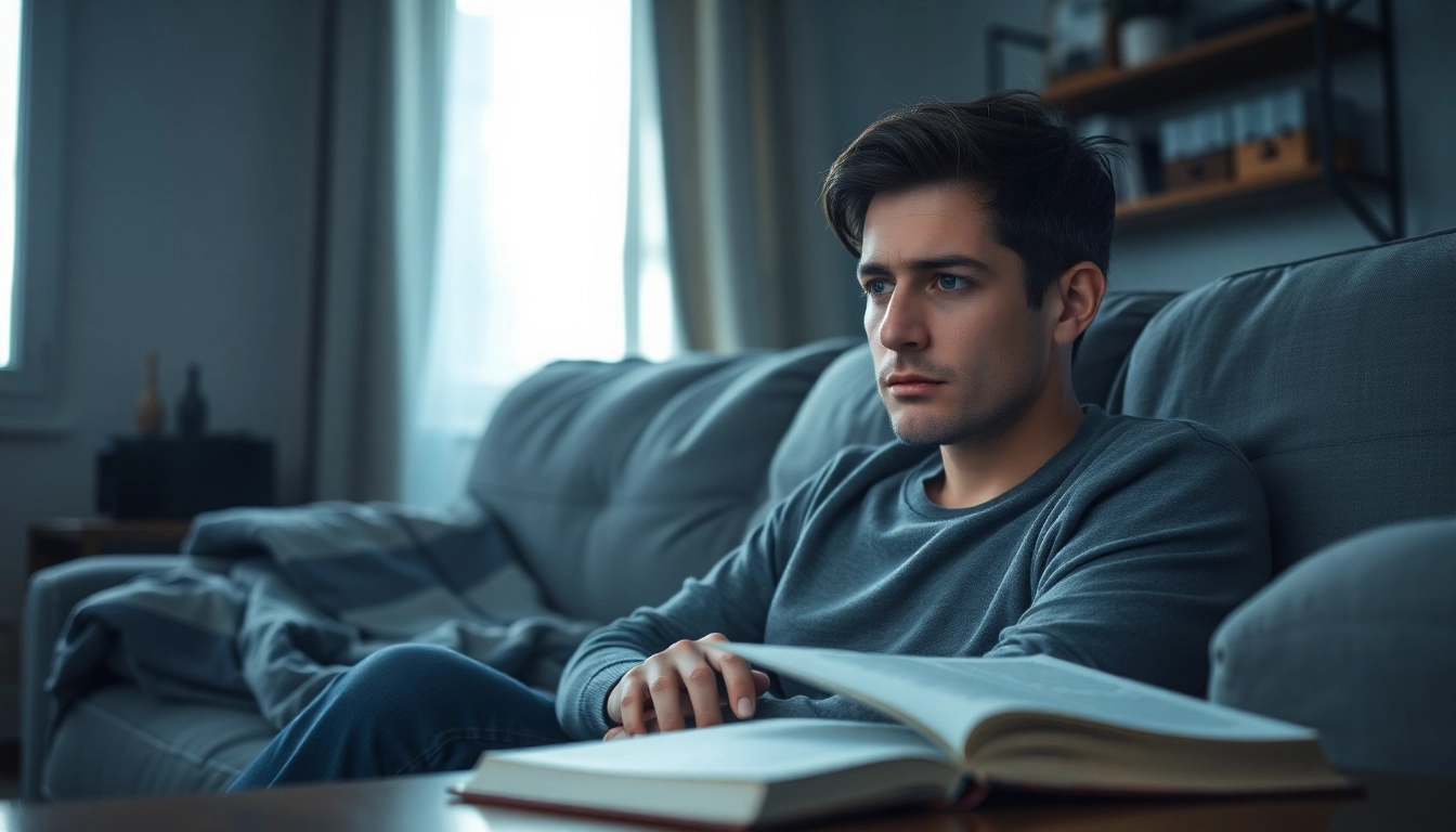 Visual representation of depression symptoms with a contemplative individual in a cozy setting.