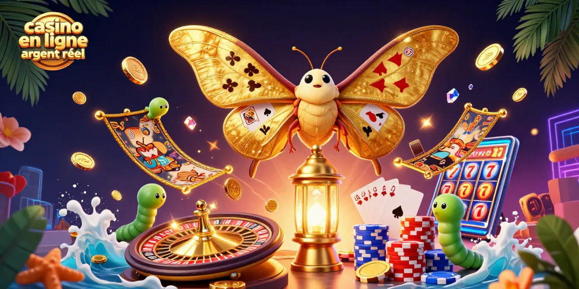 Casino en ligne argent réel avec illustration d'un papillon 3D doré, pièces et des lumières éclatantes.