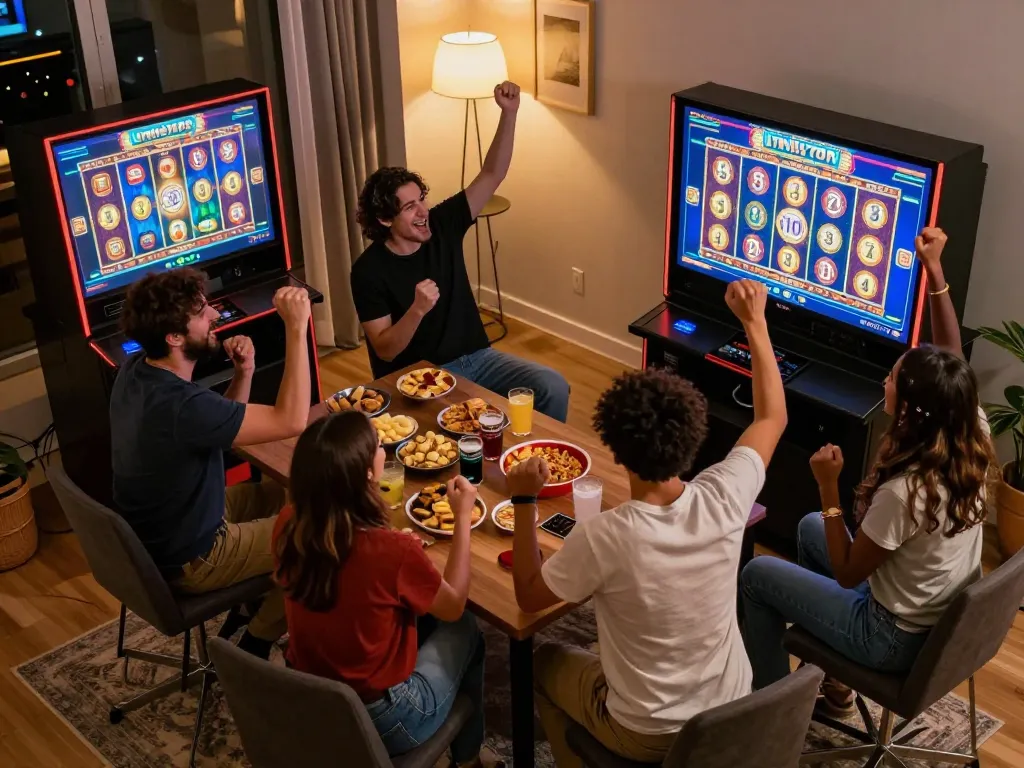 Friends enjoying a thrilling slot depo 10 gaming night, celebrating wins in a cozy living room