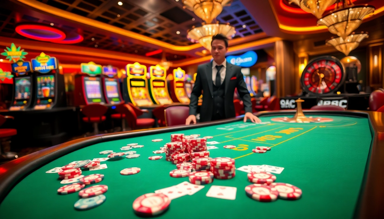 RR88 gamers engaging at a vibrant casino table with colorful chips and a roulette wheel.